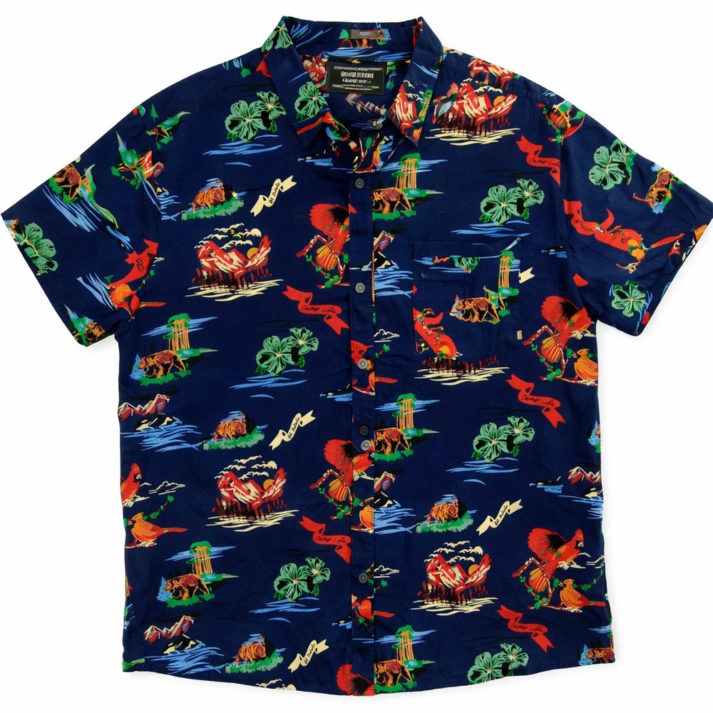 Eddie Bauer Mens 3XL Navy Hawaiian Camp Shirt Tropical Print Button Up Aloha